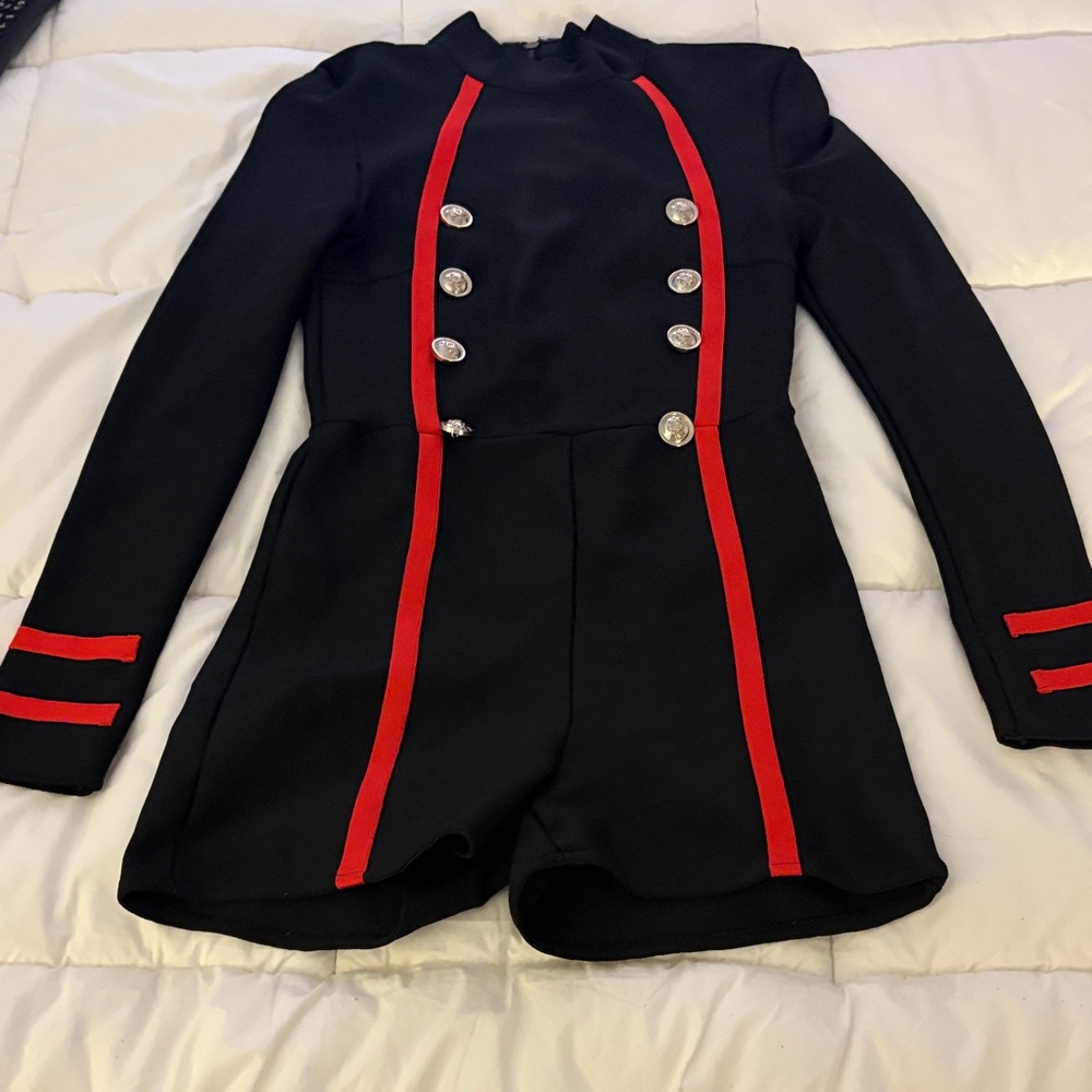 Black and Red Military-Style Women's Coat Romper
